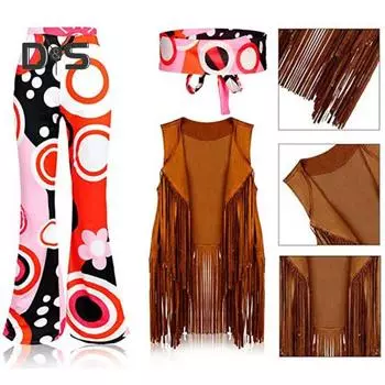 Женский костюм хиппи, расклешенные брюки в стиле ретро, жилет с кисточками, повязка на голову, комплект для Хэллоуина, косплей, ночной клуб, танцы XL чёрный
