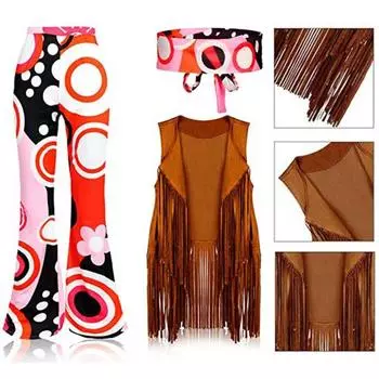 Женский костюм хиппи, расклешенные брюки в стиле ретро, жилет с кисточками, повязка на голову, комплект для Хэллоуина, косплей, ночной клуб, танцы S красный