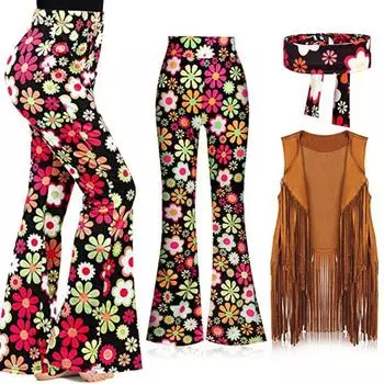 Женский костюм хиппи, расклешенные брюки в стиле ретро, жилет с кисточками, повязка на голову, комплект для Хэллоуина, косплей, ночной клуб, танцы M синий