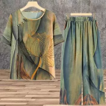 Женский костюм из 2 предметов, хлопковая футболка и брюки, хлопковый свободный повседневный летний костюм из двух предметов, топ и брюки XXXXXXL чёрный