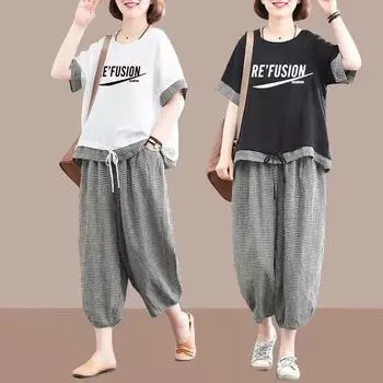 Женский костюм из 2 предметов, хлопковая футболка и брюки, хлопковый свободный повседневный летний костюм из двух предметов, топ и брюки M