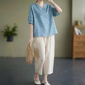 Женский костюм из 2 предметов, хлопковая футболка и брюки, хлопковый свободный повседневный летний костюм из двух предметов, топ и брюки M красный