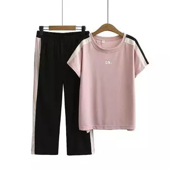 Женский костюм из 2 предметов, хлопковая футболка и брюки, хлопковый свободный повседневный летний костюм из двух предметов, топ и брюки L чёрный