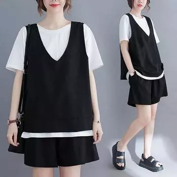 Женский костюм из 2 предметов, хлопковая футболка и брюки, хлопковый свободный повседневный летний костюм из двух предметов, топ и брюки M чёрный