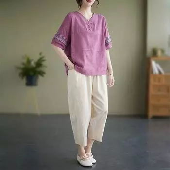 Женский костюм из 2 предметов, хлопковая футболка и брюки, хлопковый свободный повседневный летний костюм из двух предметов, топ и брюки M синий