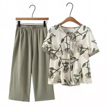 Женский костюм из 2 предметов, хлопковая футболка и брюки, хлопковый свободный повседневный летний костюм из двух предметов, топ и брюки M красный