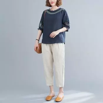 Женский костюм из 2 предметов, хлопковая футболка и брюки, хлопковый свободный повседневный летний костюм из двух предметов, топ и брюки L синий