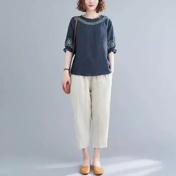 Женский костюм из 2 предметов, хлопковая футболка и брюки, хлопковый свободный повседневный летний костюм из двух предметов, топ и брюки M синий