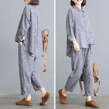 Женский костюм из 2 предметов, хлопковая рубашка и брюки, хлопковый свободный повседневный летний костюм из двух предметов, топ и брюки M синий