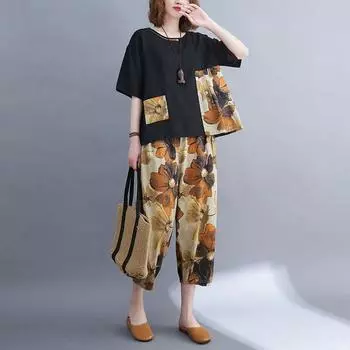 Женский костюм из 2 предметов, хлопковый костюм больших размеров, летние свободные узкие топы с принтом, удобные девятиминутные брюки, женская одежда больших размеров, костюм из двух предметов