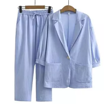 Женский костюм из 2 предметов из хлопка и льна, куртка + брюки, осенний свободный модный повседневный костюм из хлопка и льна, куртка, костюм XXXXXL чёрный