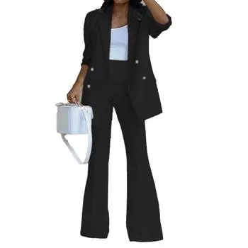 Женский костюм из 2 предметов, однотонные широкие брюки с отложным воротником, костюм из 2 предметов с длинными брюками S for Pets Under 3kg / 6.6 Lb чёрный