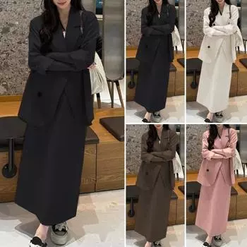 Женский костюм из 2 предметов, пальто, юбка, двубортный пиджак с длинными рукавами и лацканами, средней длины, свободная юбка с высокой талией, формальный деловой стиль, наряд S кофейный