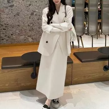 Женский костюм из 2 предметов, пальто, юбка, двубортный пиджак с длинными рукавами и лацканами, средней длины, свободная юбка с высокой талией, формальный деловой стиль, наряд S розовый