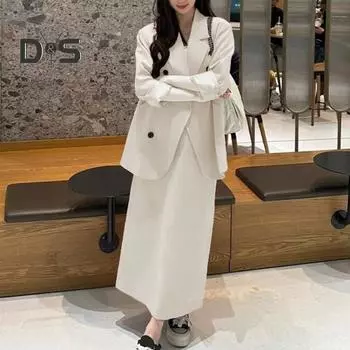 Женский костюм из 2 предметов, пальто, юбка, двубортный пиджак с длинными рукавами и лацканами, средней длины, свободная юбка с высокой талией, формальный деловой стиль, наряд S розовый