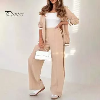 Женский костюм из 2 предметов: пальто, брюки, отложной воротник, длинные рукава, эластичный подол, куртка, широкие брюки с высокой талией, офисный наряд для поездок на работу M фиолетовый