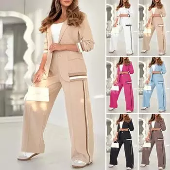 Женский костюм из 2 предметов: пальто, брюки, отложной воротник, длинные рукава, эластичный подол, куртка, широкие брюки с высокой талией, офисный наряд для поездок на работу M белый