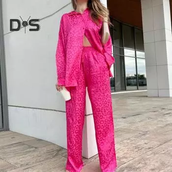 Женский костюм из 2 предметов: рубашка и брюки, леопардовый принт, длинные рукава, широкие штанины, свободная резинка на талии, однобортная, мягкая атласная женская блузка с отворотами и завязками XL синий