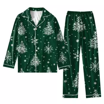 Женский костюм из 2 предметов с принтом, топ на пуговицах с длинными рукавами, широкие брюки, комплект, пижамный домашний повседневный костюм L армия зеленый