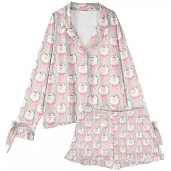 Женский костюм из 2 предметов с принтом, топ на пуговицах с длинными рукавами, широкие брюки, комплект, пижамный домашний повседневный костюм L бежевый