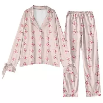 Женский костюм из 2 предметов с принтом, топ на пуговицах с длинными рукавами, широкие брюки, комплект, пижамный домашний повседневный костюм L бежевый