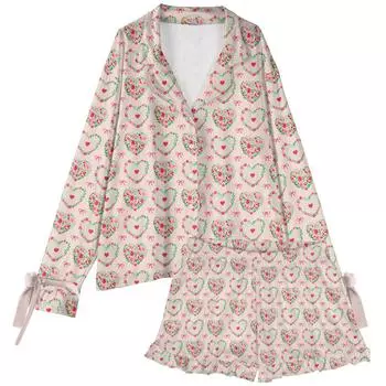 Женский костюм из 2 предметов с принтом, топ на пуговицах с длинными рукавами, широкие брюки, комплект, пижамный домашний повседневный костюм L бежевый