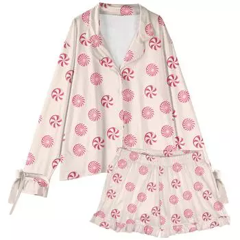 Женский костюм из 2 предметов с принтом, топ на пуговицах с длинными рукавами, широкие брюки, комплект, пижамный домашний повседневный костюм L бежевый