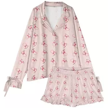 Женский костюм из 2 предметов с принтом, топ на пуговицах с длинными рукавами, широкие брюки, комплект, пижамный домашний повседневный костюм L бежевый