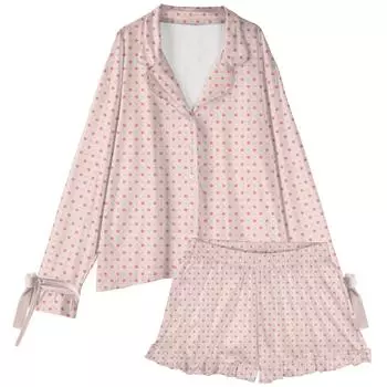 Женский костюм из 2 предметов с принтом, топ на пуговицах с длинными рукавами, широкие брюки, комплект, пижамный домашний повседневный костюм L бежевый