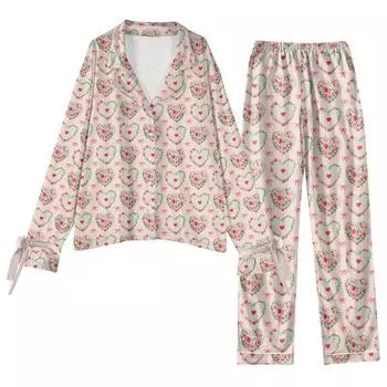 Женский костюм из 2 предметов с принтом, топ на пуговицах с длинными рукавами, широкие брюки, комплект, пижамный домашний повседневный костюм L бежевый