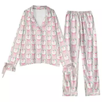 Женский костюм из 2 предметов с принтом, топ на пуговицах с длинными рукавами, широкие брюки, комплект, пижамный домашний повседневный костюм L бежевый