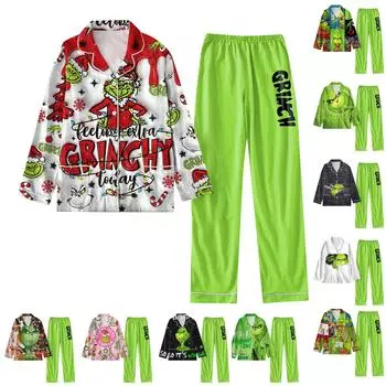 Женский костюм из 2 предметов с принтом, топ на пуговицах с длинными рукавами, широкие брюки, комплект, пижамный домашний повседневный костюм S