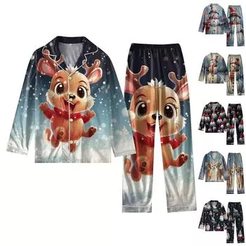 Женский костюм из 2 предметов с принтом, топ на пуговицах с длинными рукавами, широкие брюки, комплект, пижамный домашний повседневный костюм XXL чёрный