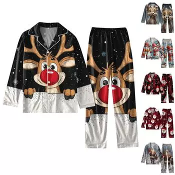 Женский костюм из 2 предметов с принтом, топ на пуговицах с длинными рукавами, широкие брюки, комплект, пижамный домашний повседневный костюм XXXL