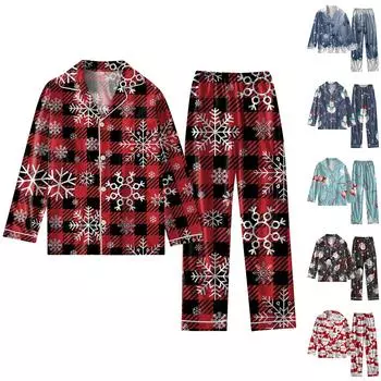 Женский костюм из 2 предметов с принтом, топ на пуговицах с длинными рукавами, широкие брюки, комплект, пижамный домашний повседневный костюм XL красный