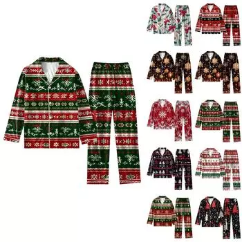 Женский костюм из 2 предметов с принтом, топ на пуговицах с длинными рукавами, широкие брюки, комплект, пижамный домашний повседневный костюм L армия зеленый