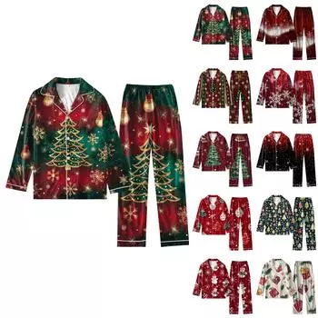 Женский костюм из 2 предметов с принтом, топ на пуговицах с длинными рукавами, широкие брюки, комплект, пижамный домашний повседневный костюм L армия зеленый