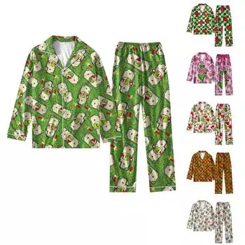 Женский костюм из 2 предметов с принтом, топ на пуговицах с длинными рукавами, широкие брюки, комплект, пижамный домашний повседневный костюм XL бежевый