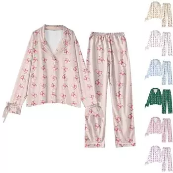 Женский костюм из 2 предметов с принтом, топ на пуговицах с длинными рукавами, широкие брюки, комплект, пижамный домашний повседневный костюм L бежевый