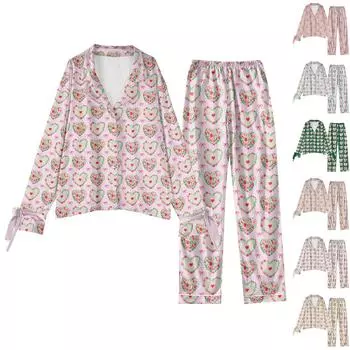 Женский костюм из 2 предметов с принтом, топ на пуговицах с длинными рукавами, широкие брюки, комплект, пижамный домашний повседневный костюм L бежевый