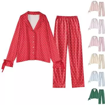 Женский костюм из 2 предметов с принтом, топ на пуговицах с длинными рукавами, широкие брюки, комплект, пижамный домашний повседневный костюм L бежевый