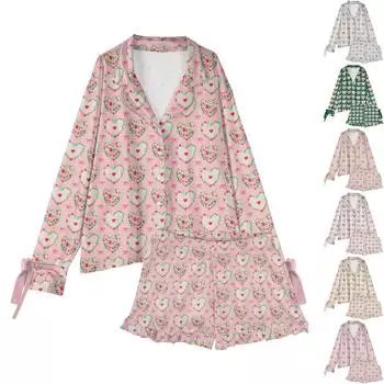 Женский костюм из 2 предметов с принтом, топ на пуговицах с длинными рукавами, широкие брюки, комплект, пижамный домашний повседневный костюм L бежевый