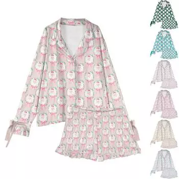 Женский костюм из 2 предметов с принтом, топ на пуговицах с длинными рукавами, широкие брюки, комплект, пижамный домашний повседневный костюм L бежевый