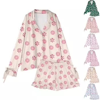 Женский костюм из 2 предметов с принтом, топ на пуговицах с длинными рукавами, широкие брюки, комплект, пижамный домашний повседневный костюм L бежевый