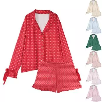 Женский костюм из 2 предметов с принтом, топ на пуговицах с длинными рукавами, широкие брюки, комплект, пижамный домашний повседневный костюм L бежевый