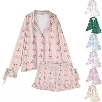 Женский костюм из 2 предметов с принтом, топ на пуговицах с длинными рукавами, широкие брюки, комплект, пижамный домашний повседневный костюм S