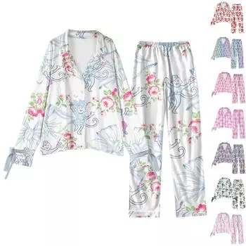 Женский костюм из 2 предметов с принтом, топ на пуговицах с длинными рукавами, широкие брюки, комплект, пижамный домашний повседневный костюм L синий