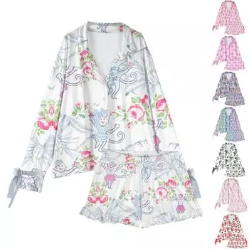 Женский костюм из 2 предметов с принтом, топ на пуговицах с длинными рукавами, широкие брюки, комплект, пижамный домашний повседневный костюм XXXL