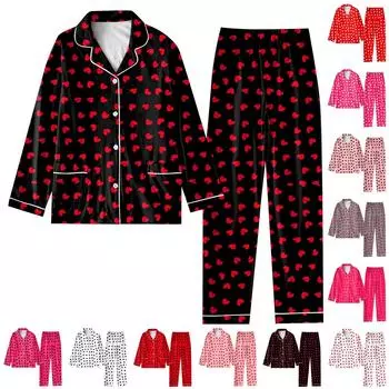 Женский костюм из 2 предметов с принтом, топ на пуговицах с длинными рукавами, широкие брюки, комплект, пижамный домашний повседневный костюм S чёрный