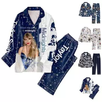 Женский костюм из 2 предметов с принтом, топ на пуговицах с длинными рукавами, широкие брюки, комплект, пижамный домашний повседневный костюм XL